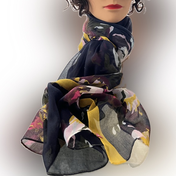 Like New Navy Scarf with Floral Print & Yellow Border—Joules Wensley 27.5” x 80” - Picture 6 of 17